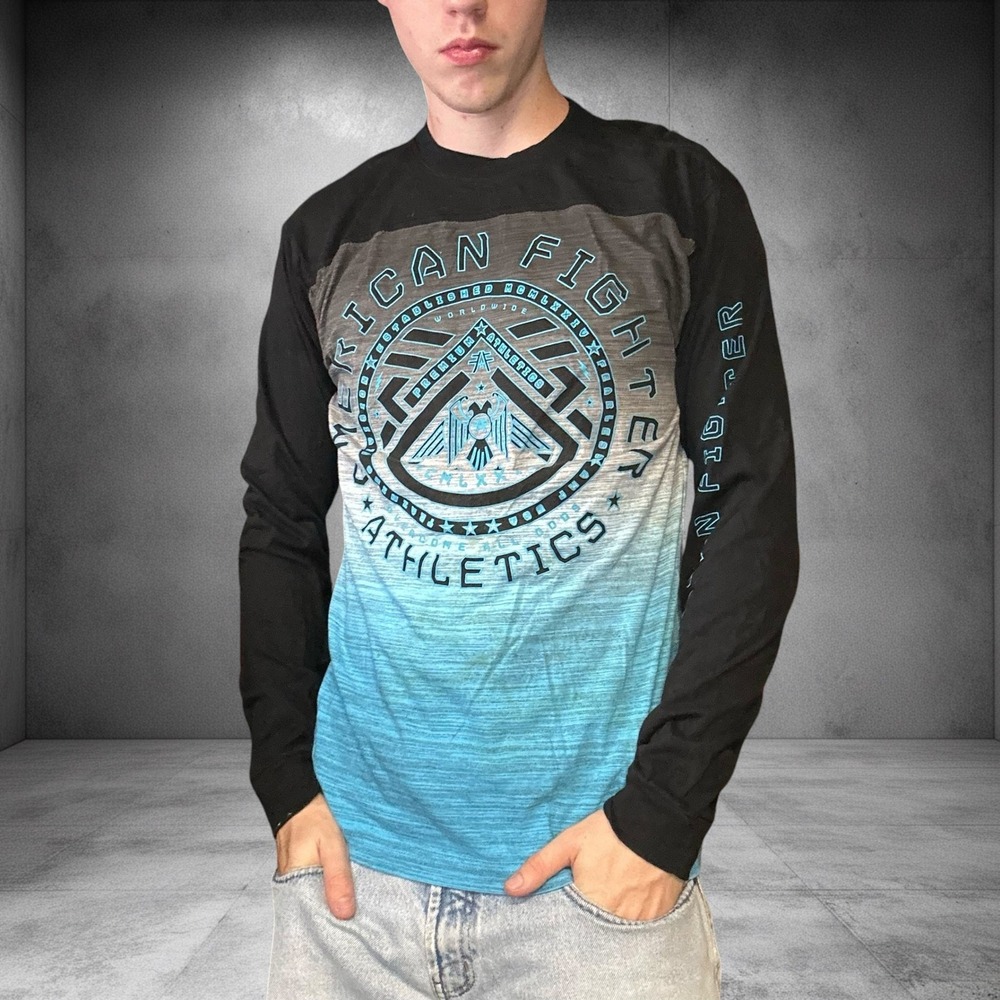 American Fighter Mens Large Long Sleeve Graphic Shirt Black Teal Gradient Y2K